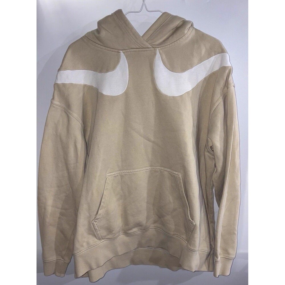 Nike Men's M Beige Pullover Hoodie White Swoosh Logo Long Sleeve Pocket